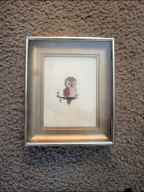Framed Cross-Stitch Owl Artwork - Brown & Cream